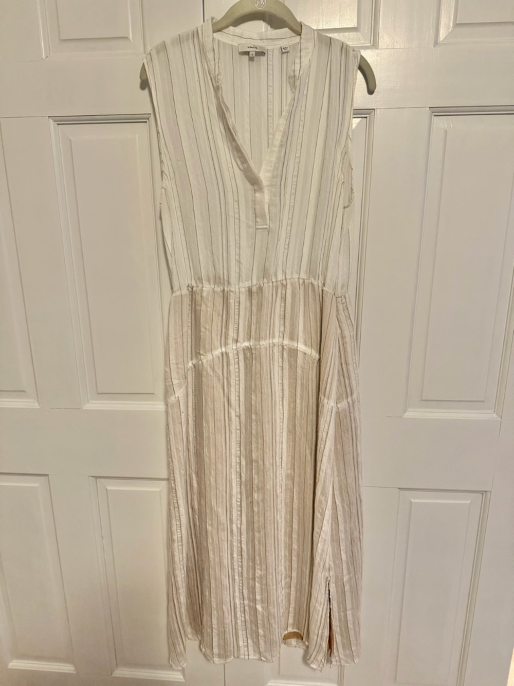 Vince Drapey Stripe Tiered Dress Women's 14 Off White Sleeveless Midi Maxi - Picture 3 of 8